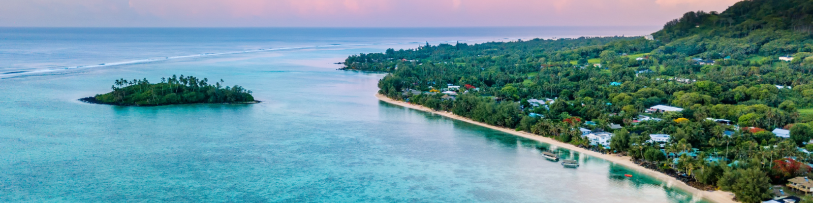 Aerial view of Muri Lagoon at sunset in Rarotonga