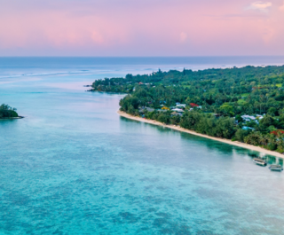 Aerial view of Muri Lagoon at sunset in Rarotonga